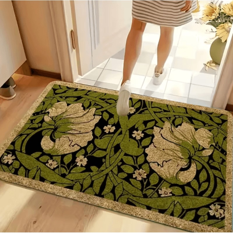 Green Floral Welcome Doormat Washable Indoor PlantThemed Entryway Rug 0