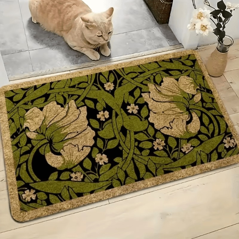 Green Floral Welcome Doormat Washable Indoor PlantThemed Entryway Rug 1