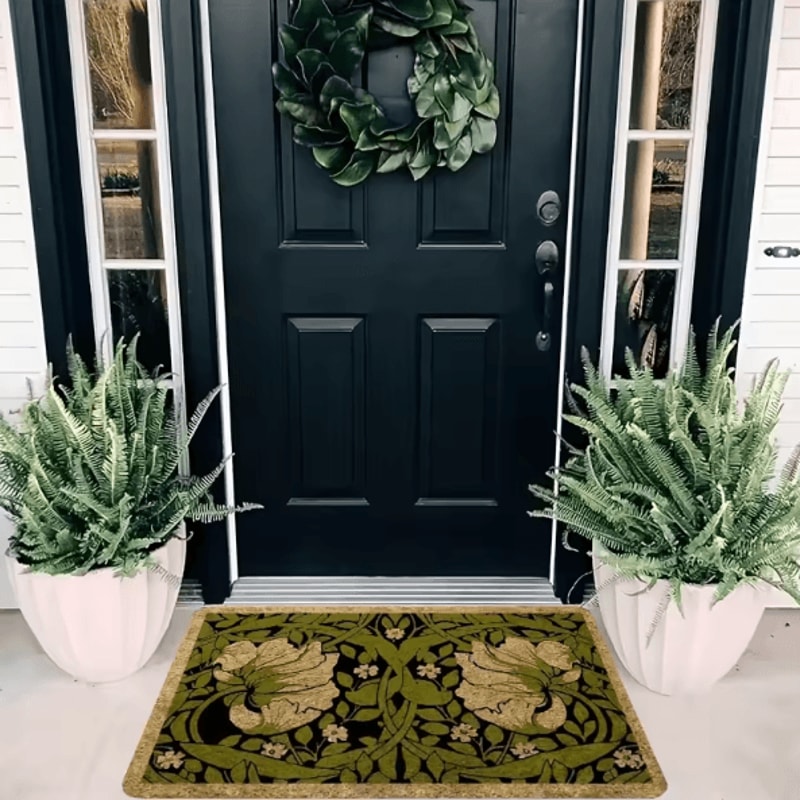 Green Floral Welcome Doormat Washable Indoor PlantThemed Entryway Rug 2