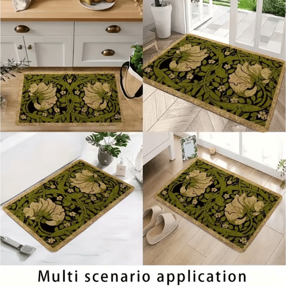 Green Floral Welcome Doormat Washable Indoor PlantThemed Entryway Rug 3