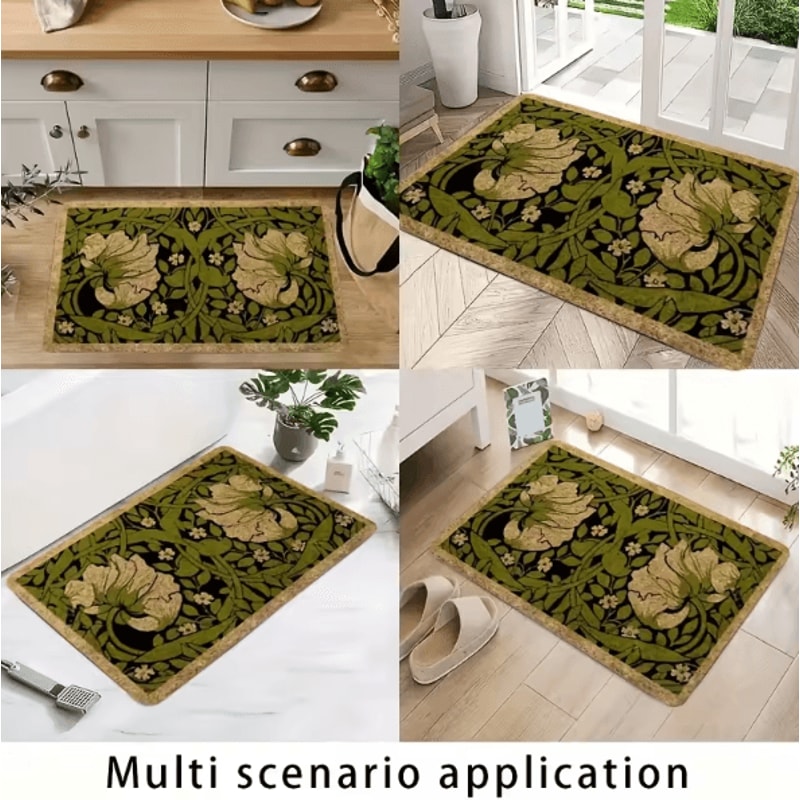 Green Floral Welcome Doormat Washable Indoor PlantThemed Entryway Rug 3