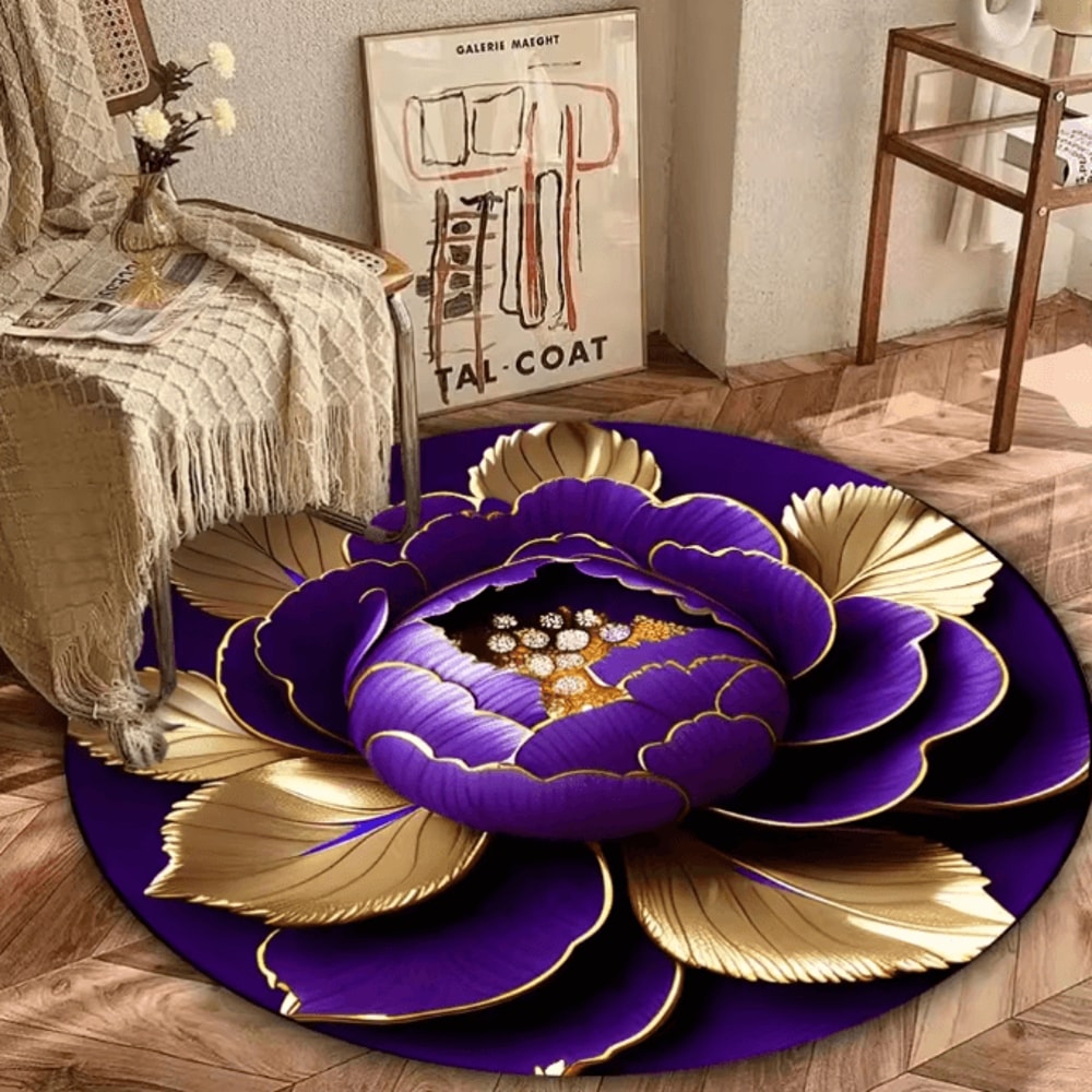 Purple Gold Peony Round Rug Washable Floral Polyester Area Mat For Home Decor 0