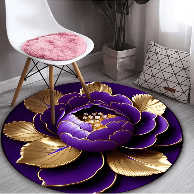 Purple Gold Peony Round Rug Washable Floral Polyester Area Mat For Home Decor 1