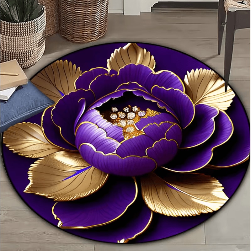 Purple Gold Peony Round Rug Washable Floral Polyester Area Mat For Home Decor 2