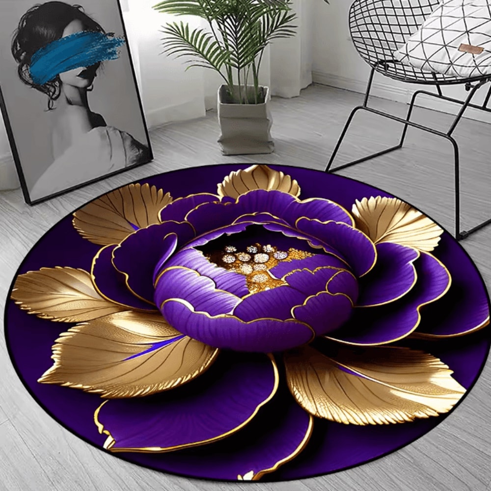 Purple Gold Peony Round Rug Washable Floral Polyester Area Mat For Home Decor 3