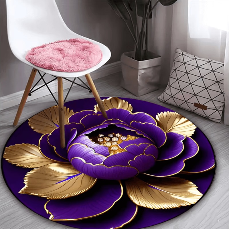 Purple Gold Peony Round Rug Washable Floral Polyester Area Mat For Home Decor 4
