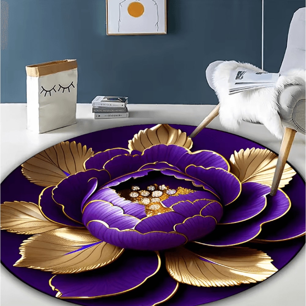 Purple Gold Peony Round Rug Washable Floral Polyester Area Mat For Home Decor 5