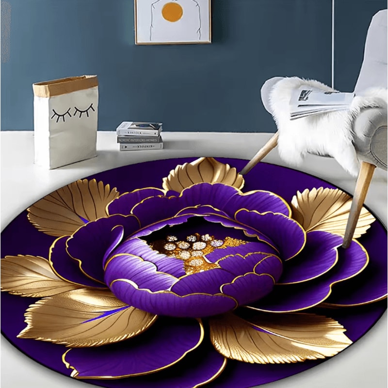 Purple Gold Peony Round Rug Washable Floral Polyester Area Mat For Home Decor 5