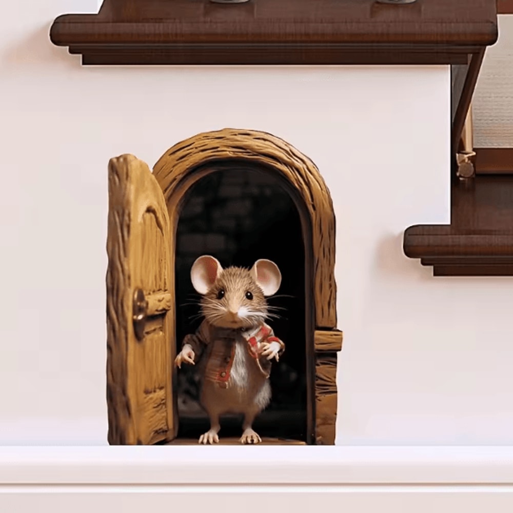Whimsical 3D Mouse Hole Wall Decal Cute Cartoon Peeking Mouse Sticker Decor 2