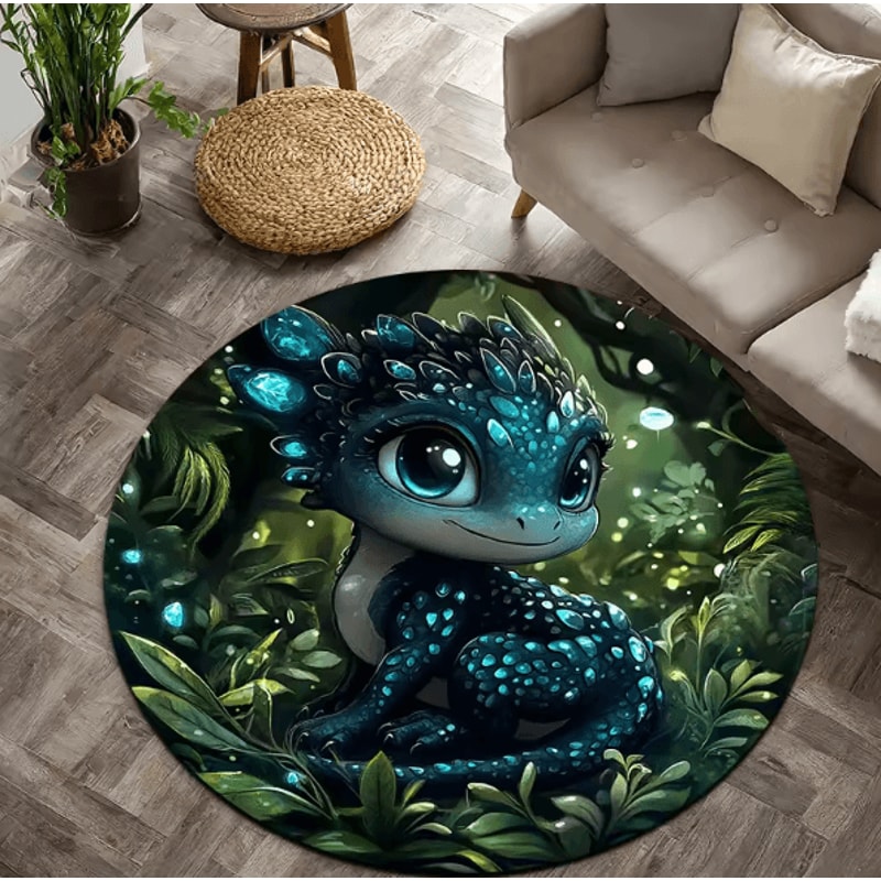 Cartoon Jungle Baby Dragon Round Rug Soft Flannel NonSlip Floor Mat Decor 0