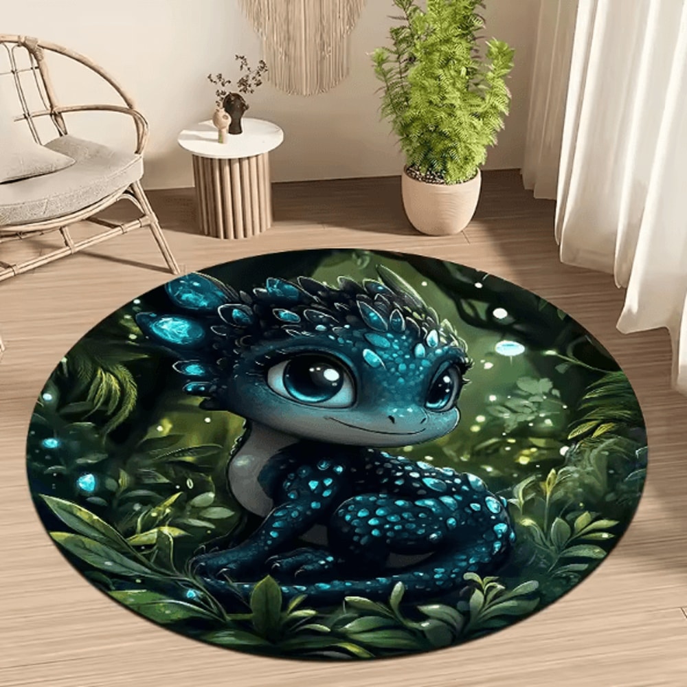 Cartoon Jungle Baby Dragon Round Rug Soft Flannel NonSlip Floor Mat Decor 2