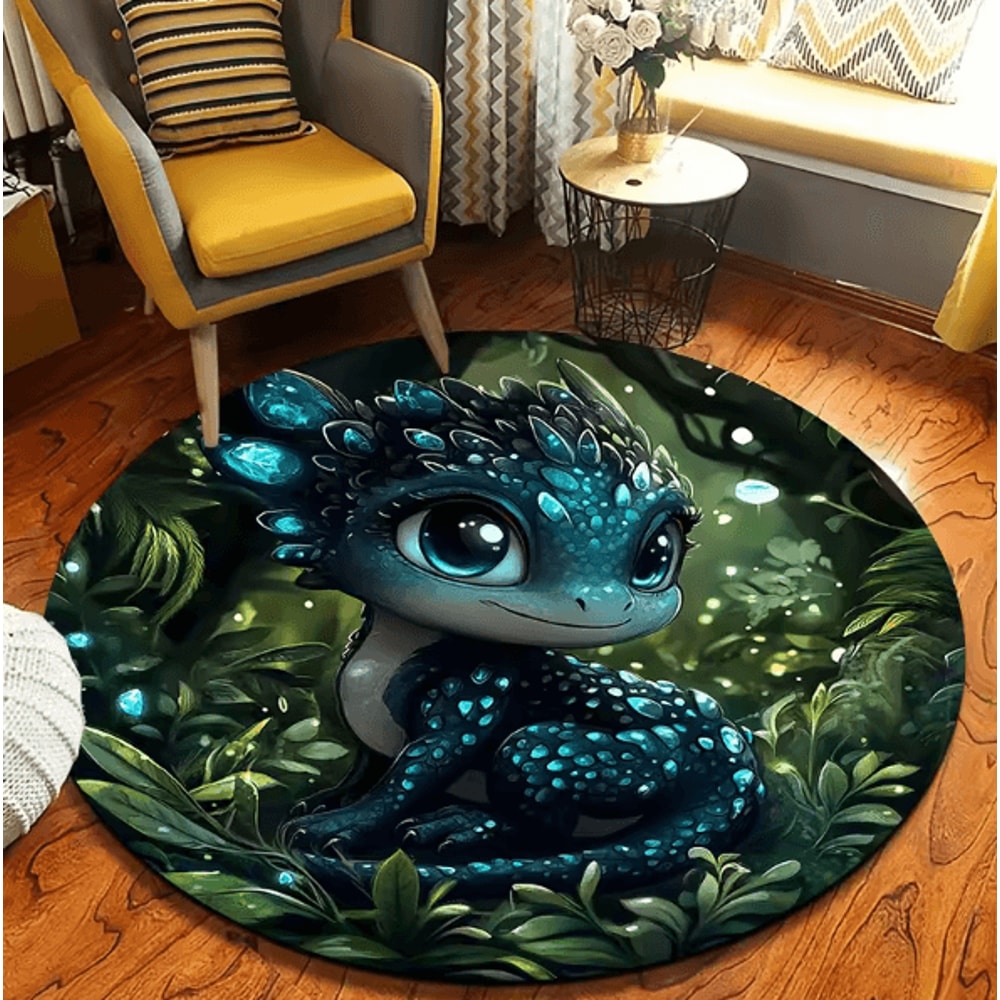 Cartoon Jungle Baby Dragon Round Rug Soft Flannel NonSlip Floor Mat Decor 3