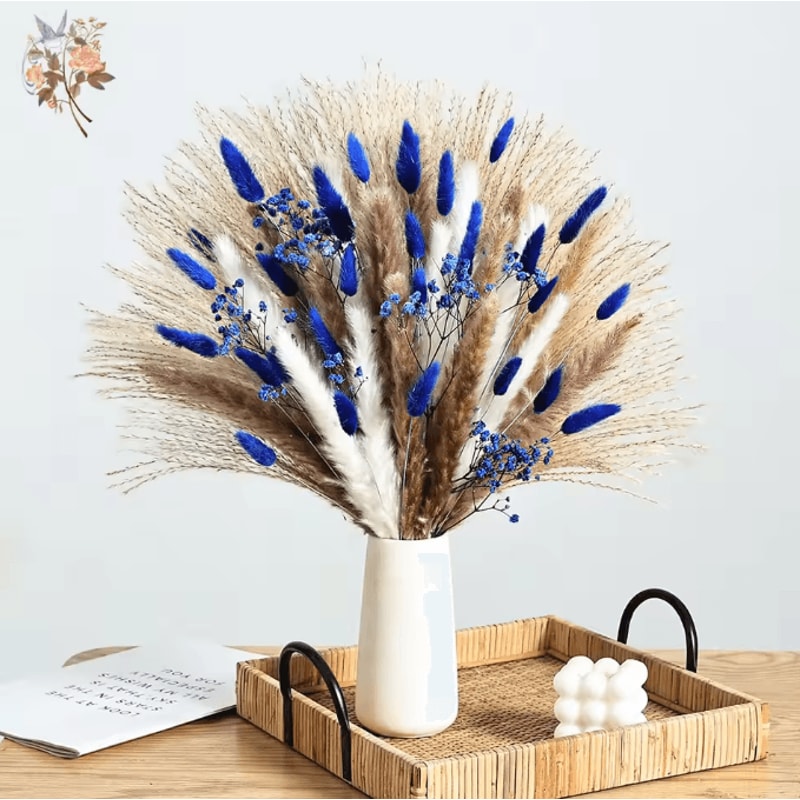 70 Stem Blue Bunny Tail Pampas Grass Bouquet Fluffy Artificial Dried Flower Decor 0