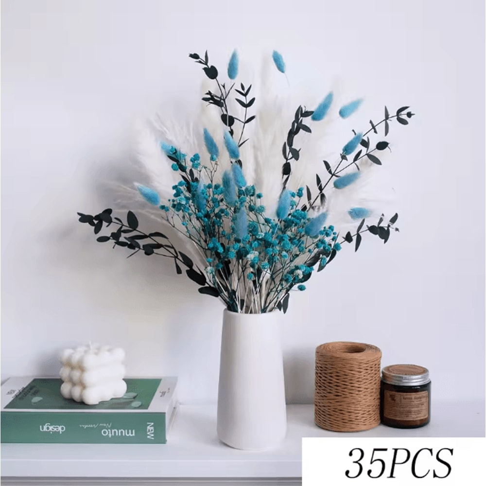 70 Stem Blue Bunny Tail Pampas Grass Bouquet Fluffy Artificial Dried Flower Decor 9