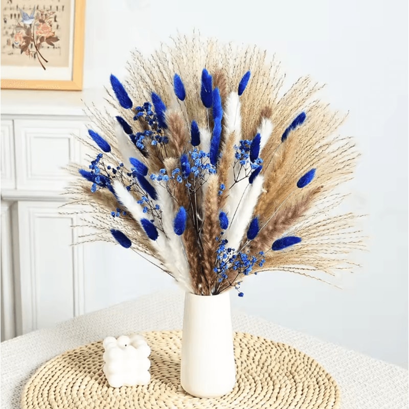 70 Stem Blue Bunny Tail Pampas Grass Bouquet Fluffy Artificial Dried Flower Decor 1