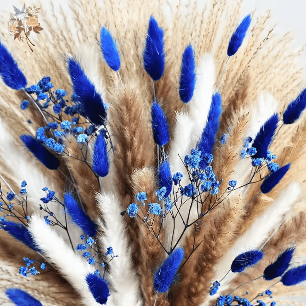 70 Stem Blue Bunny Tail Pampas Grass Bouquet Fluffy Artificial Dried Flower Decor 2