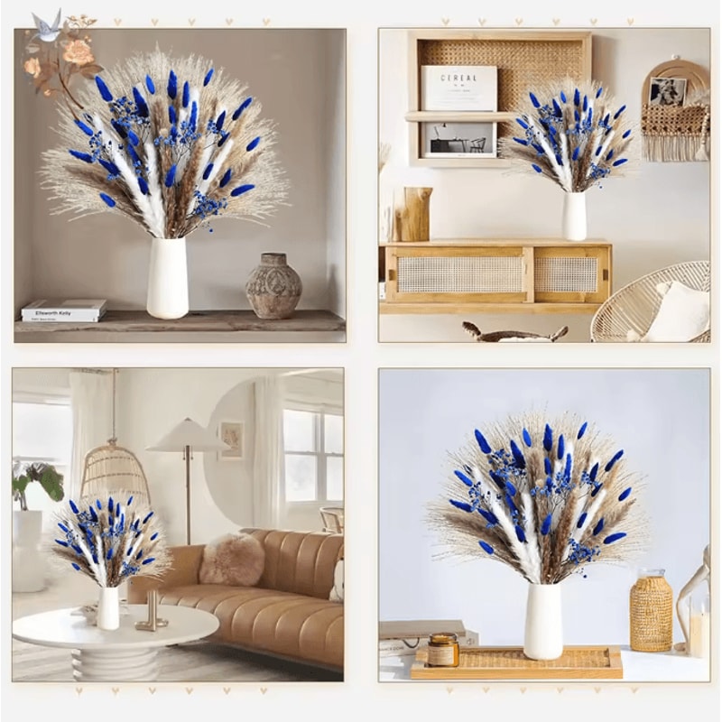 70 Stem Blue Bunny Tail Pampas Grass Bouquet Fluffy Artificial Dried Flower Decor 3