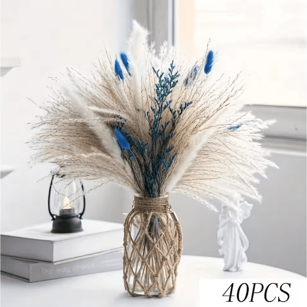 70 Stem Blue Bunny Tail Pampas Grass Bouquet Fluffy Artificial Dried Flower Decor 4