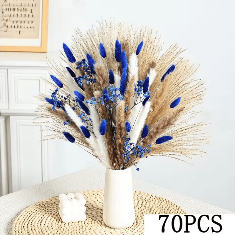 70 Stem Blue Bunny Tail Pampas Grass Bouquet Fluffy Artificial Dried Flower Decor 5