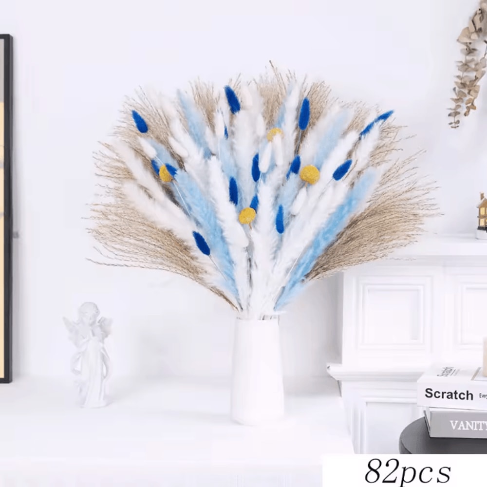 70 Stem Blue Bunny Tail Pampas Grass Bouquet Fluffy Artificial Dried Flower Decor 7