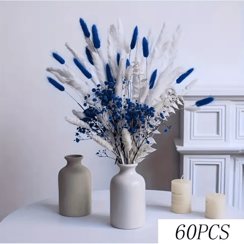 70 Stem Blue Bunny Tail Pampas Grass Bouquet Fluffy Artificial Dried Flower Decor 8