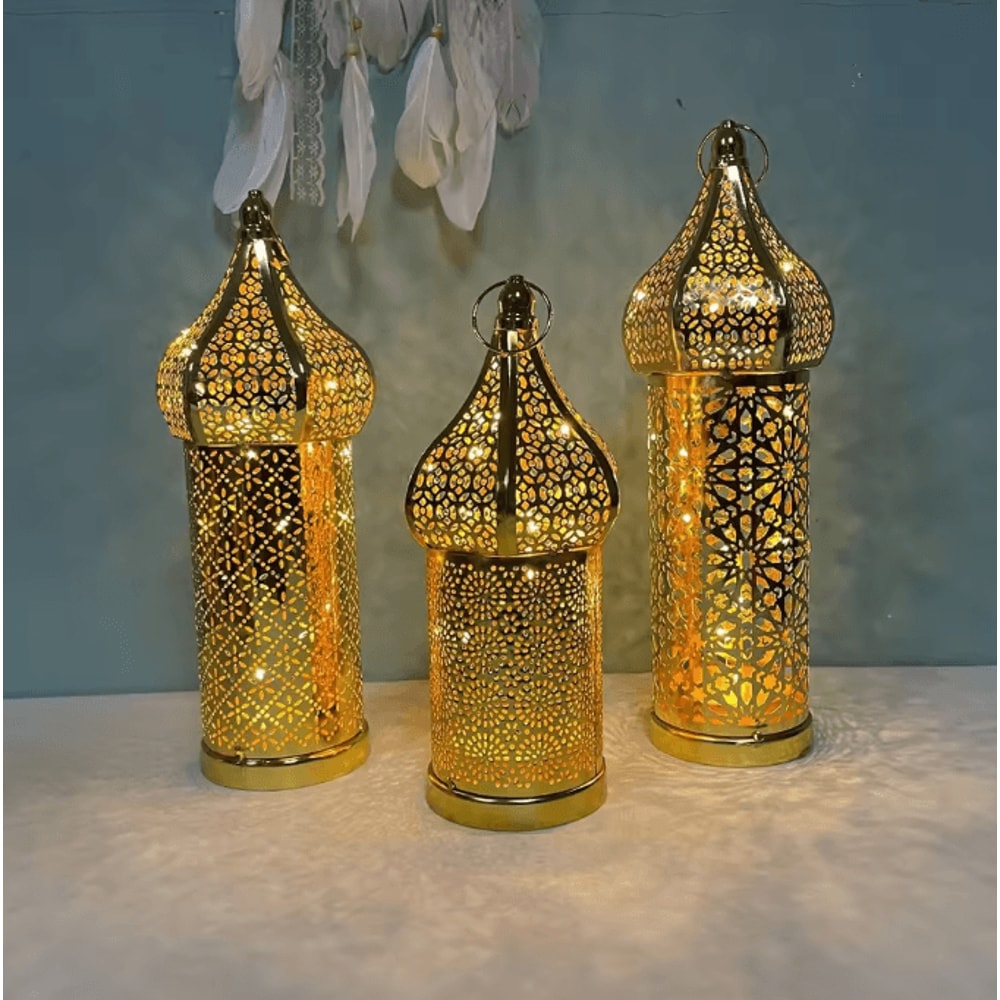 Moroccan Gold Hollow Iron Lantern Elegant Ramadan Hanging Light Decor 0