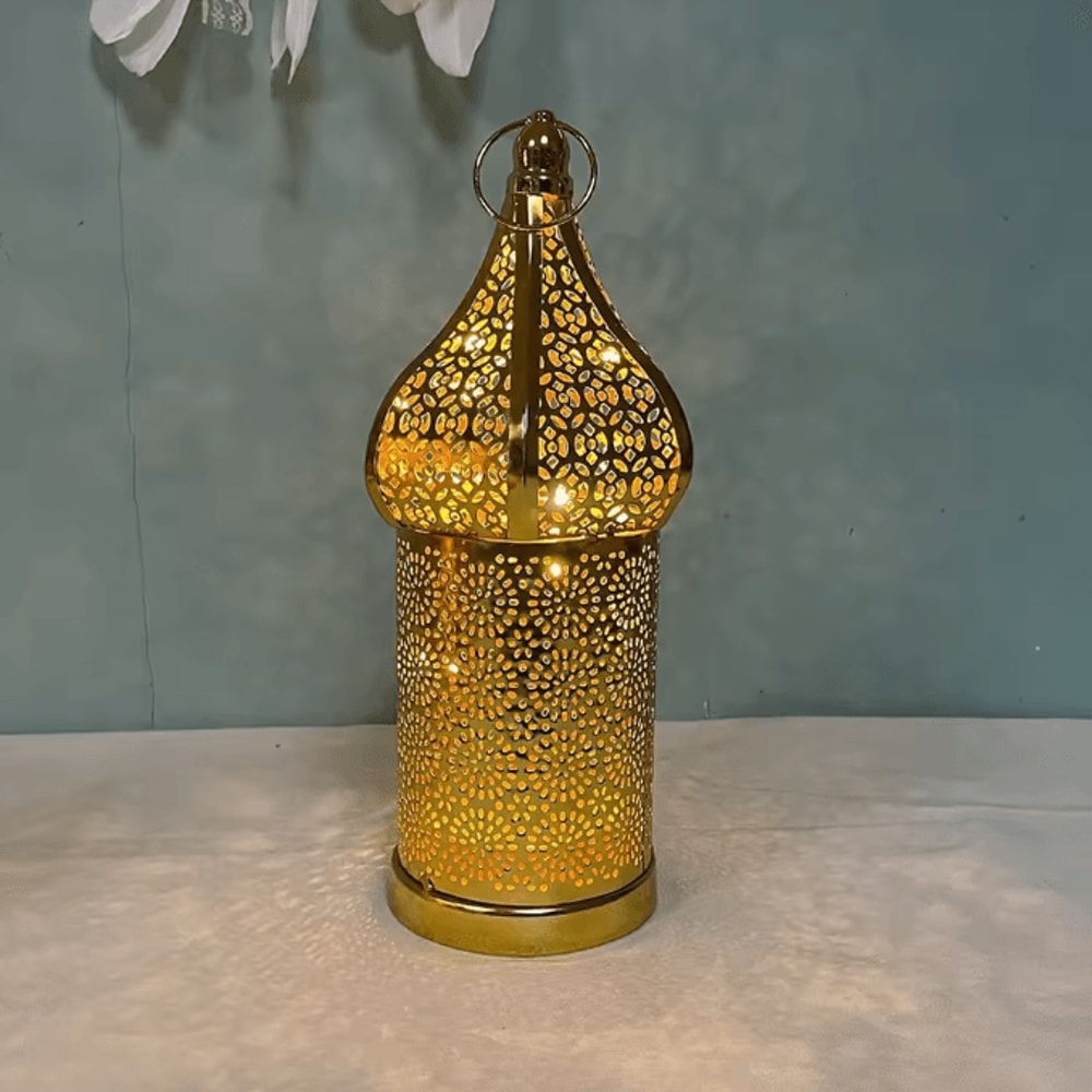 Moroccan Gold Hollow Iron Lantern Elegant Ramadan Hanging Light Decor 5