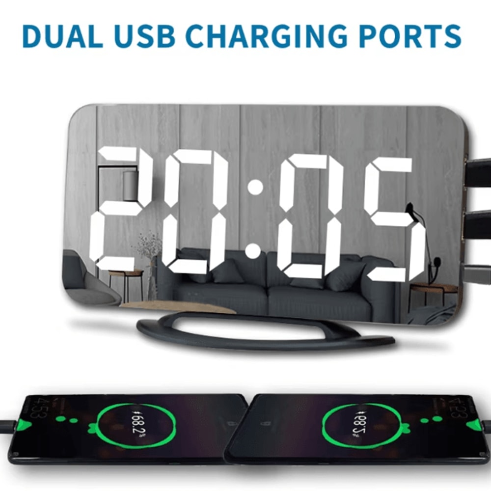 LED Mirror Digital Alarm Clock Large Display Adjustable Brightness Desk Wall Clock 2