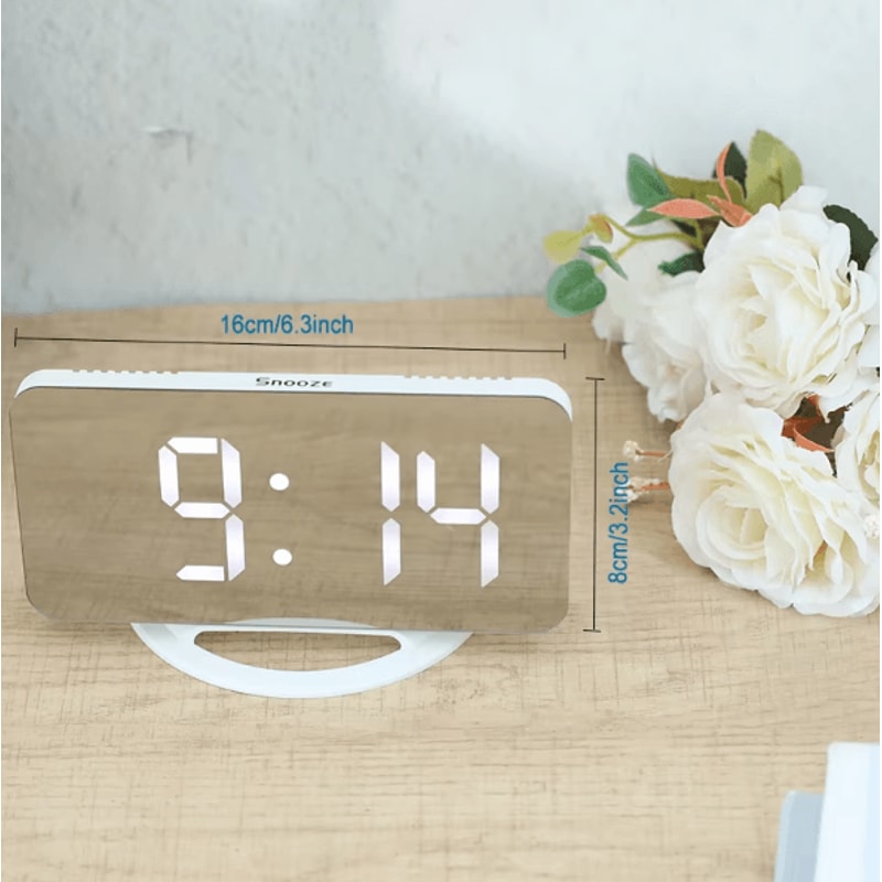 LED Mirror Digital Alarm Clock Large Display Adjustable Brightness Desk Wall Clock 4