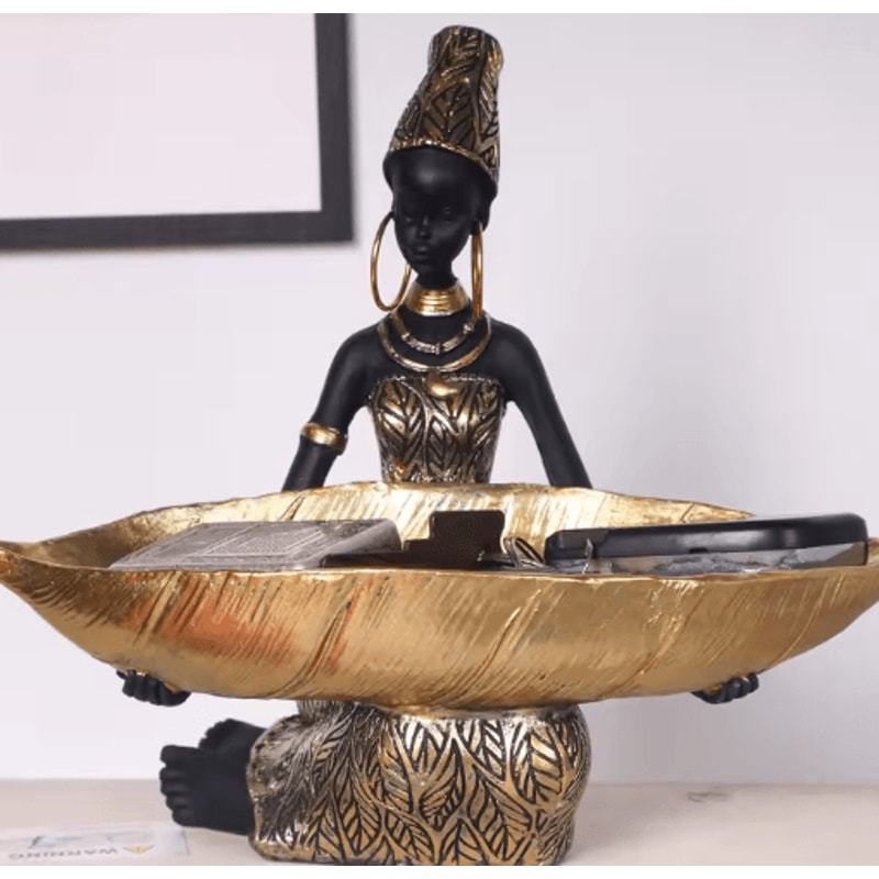 African Girl Holding Tray Sculpture Resin Decorative Storage Figurine For Home Office 0