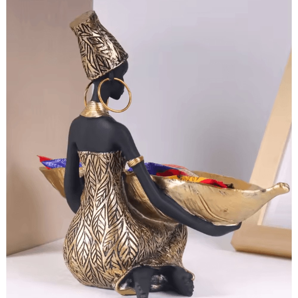 African Girl Holding Tray Sculpture Resin Decorative Storage Figurine For Home Office 1