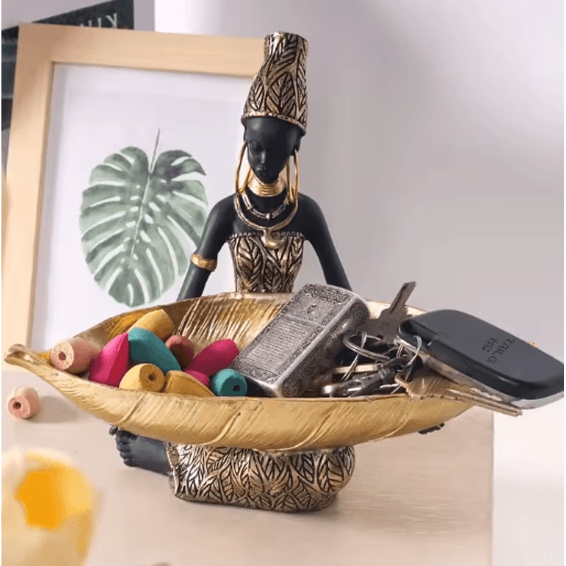 African Girl Holding Tray Sculpture Resin Decorative Storage Figurine For Home Office 2