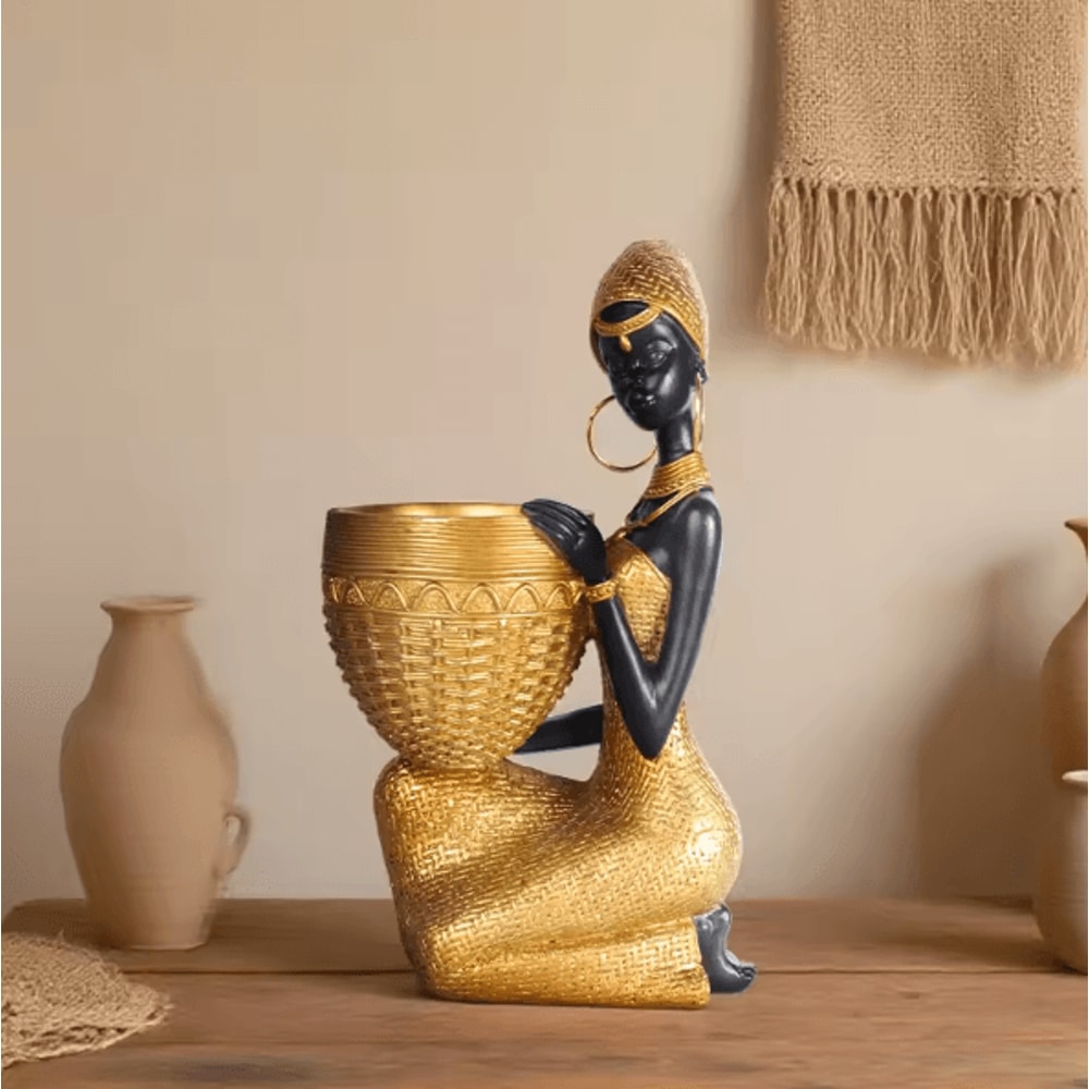 African Girl Holding Tray Sculpture Resin Decorative Storage Figurine For Home Office 7
