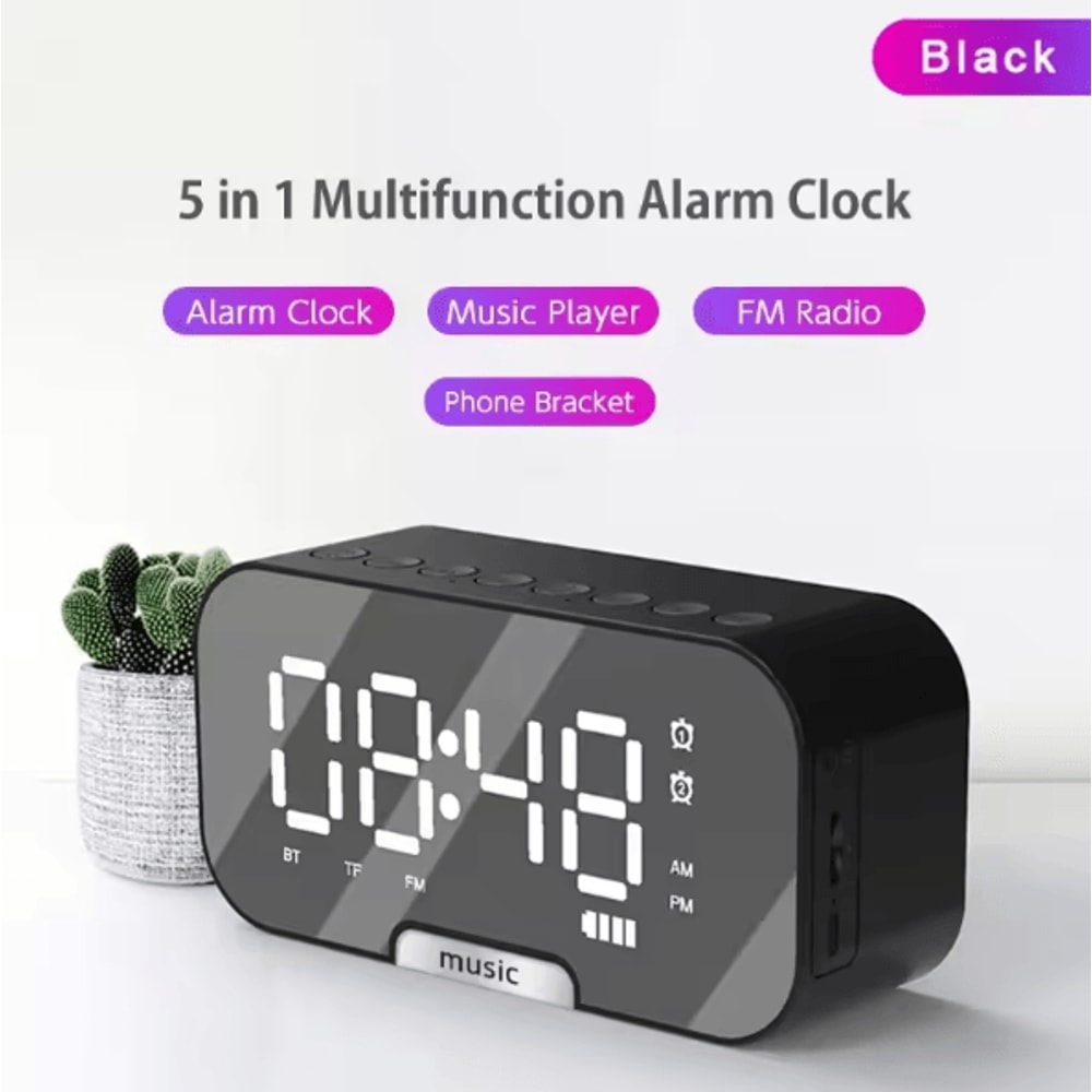 Bluetooth Speaker Alarm Clock With LED Mirror Display Dual Alarm FM Radio Phone Holder 0
