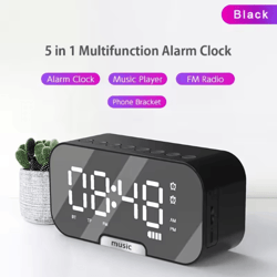 bluetooth speaker alarm clock with led mirror display – dual alarm fm radio & phone holder