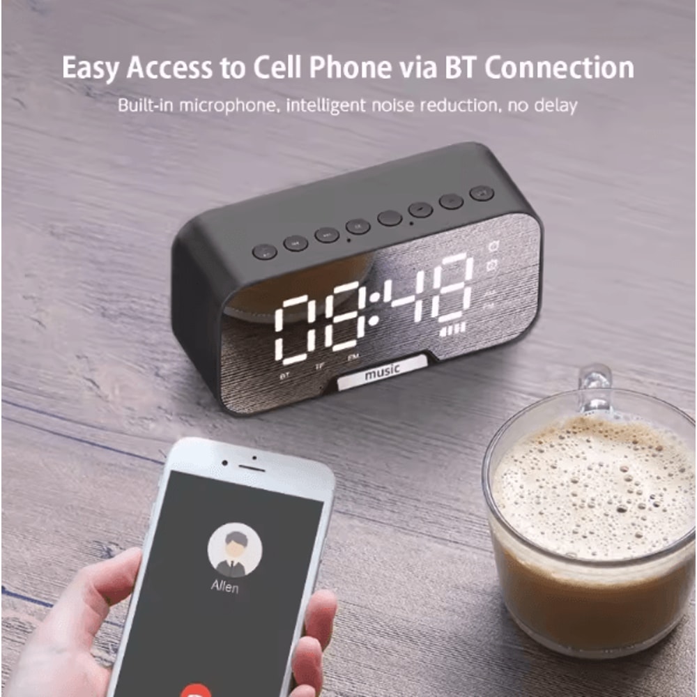 Bluetooth Speaker Alarm Clock With LED Mirror Display Dual Alarm FM Radio Phone Holder 1