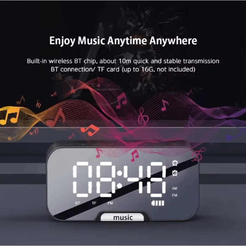 Bluetooth Speaker Alarm Clock With LED Mirror Display Dual Alarm FM Radio Phone Holder 2