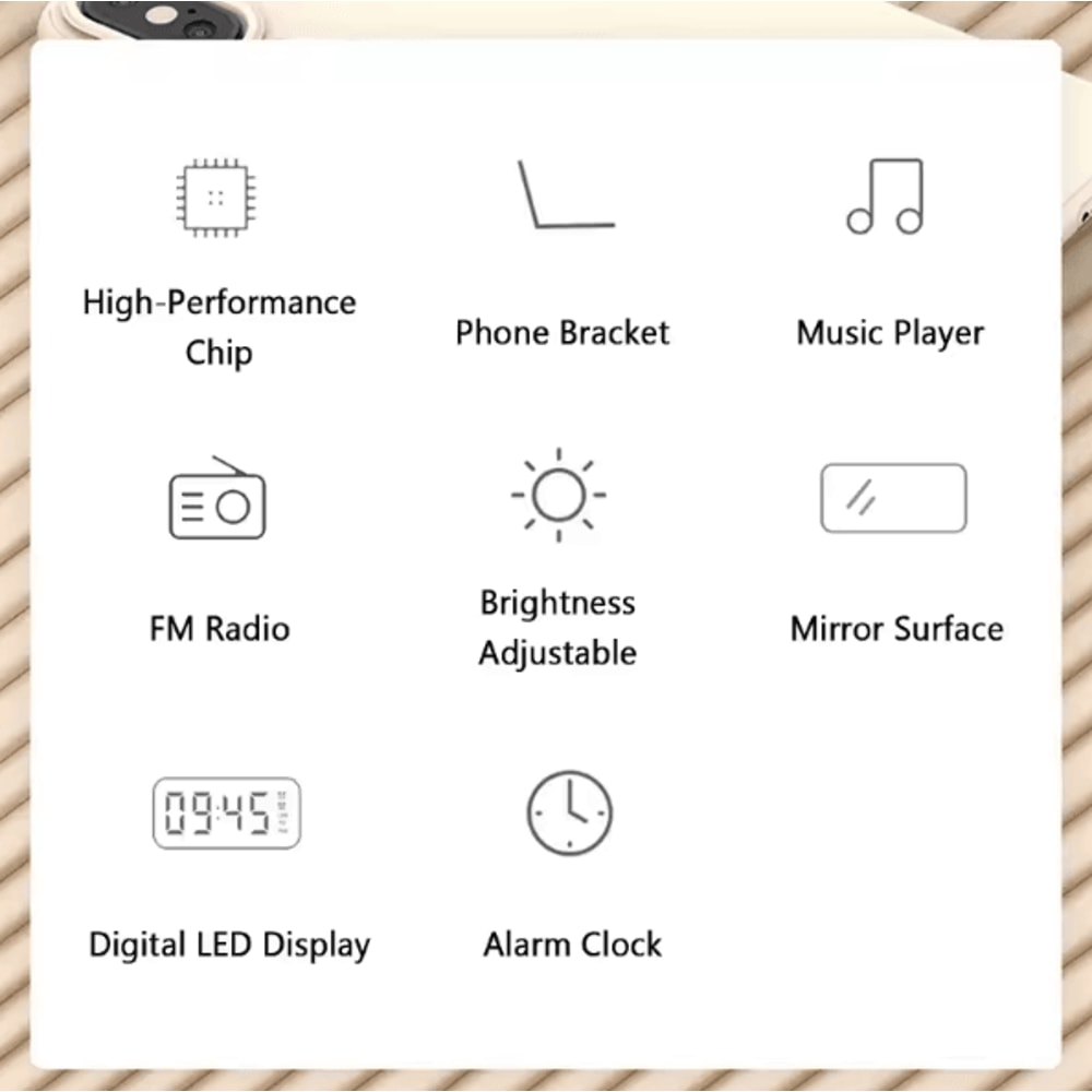 Bluetooth Speaker Alarm Clock With LED Mirror Display Dual Alarm FM Radio Phone Holder 3