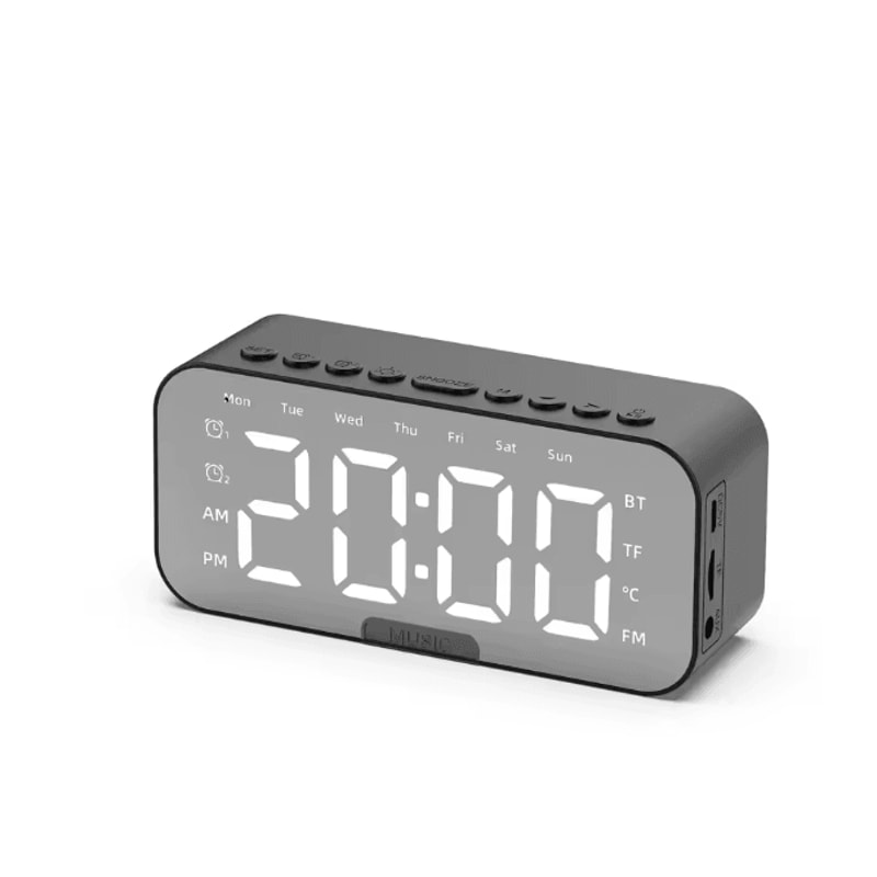 Bluetooth Speaker Alarm Clock With LED Mirror Display Dual Alarm FM Radio Phone Holder 5