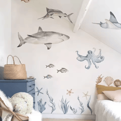 watercolor shark wall decals – 3d ocean animal stickers for kids room & nursery decor