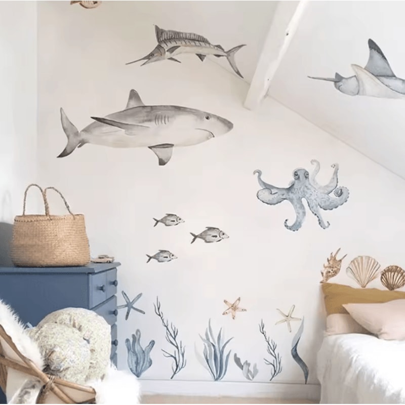 Watercolor Shark Wall Decals 3D Ocean Animal Stickers For Kids Room Nursery Decor 0