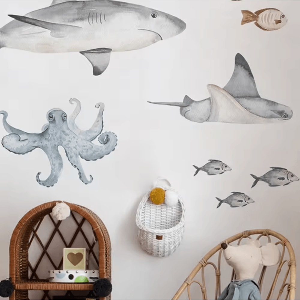Watercolor Shark Wall Decals 3D Ocean Animal Stickers For Kids Room Nursery Decor 2