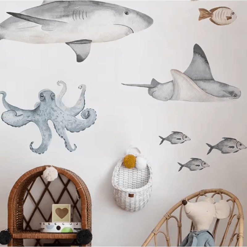 Watercolor Shark Wall Decals 3D Ocean Animal Stickers For Kids Room Nursery Decor 2