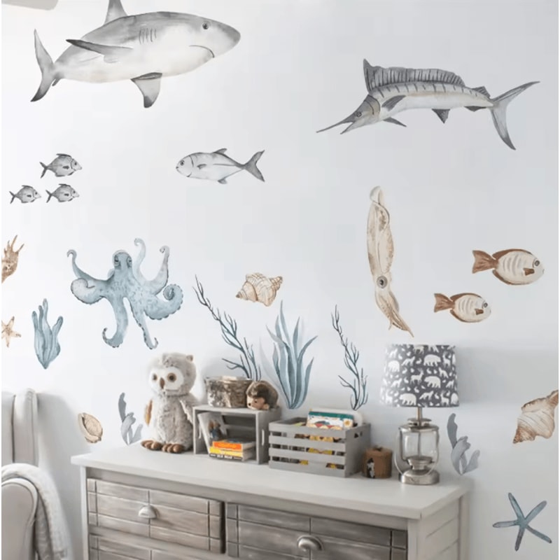 Watercolor Shark Wall Decals 3D Ocean Animal Stickers For Kids Room Nursery Decor 3
