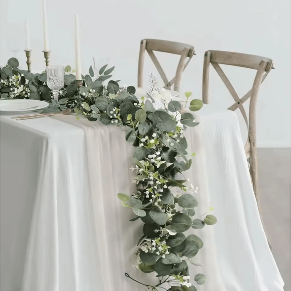 Elegant Artificial Eucalyptus Garland With White Flowers Berries For Wedding And Home Decor 0