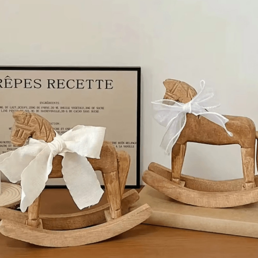 Hand Carved Wooden Rocking Horse Decor For Montessori Nursery And Baby Room Styling 0