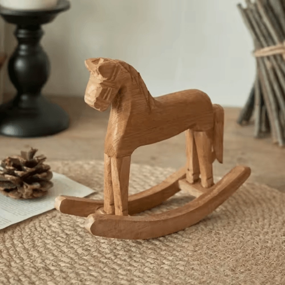 Hand Carved Wooden Horse Ornament Nordic Style Rocking Horse Desktop Decoration Commemorative Gift 1