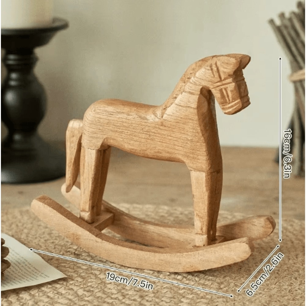 Hand Carved Wooden Horse Ornament Nordic Style Rocking Horse Desktop Decoration Commemorative Gift 3