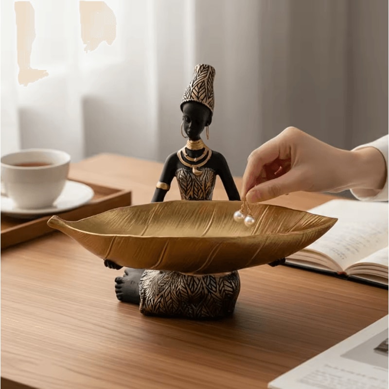 Hand Crafted African Resin Figurine With Trinket Tray For Home And Office Decor 0