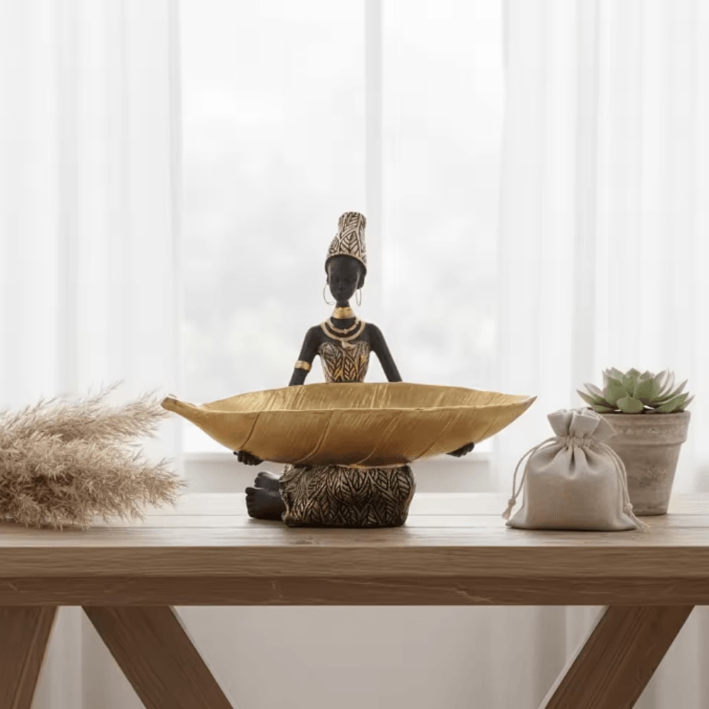 Hand Crafted African Resin Figurine With Trinket Tray For Home And Office Decor 3
